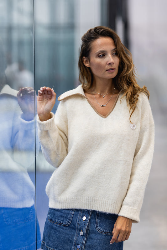 Pull col V écru